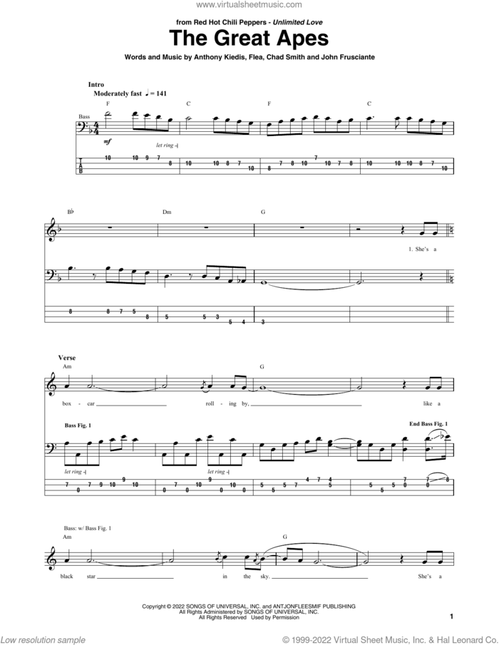 The Great Apes sheet music for bass (tablature) (bass guitar) by Red Hot Chili Peppers, Anthony Kiedis, Chad Smith, Flea and John Frusciante, intermediate skill level