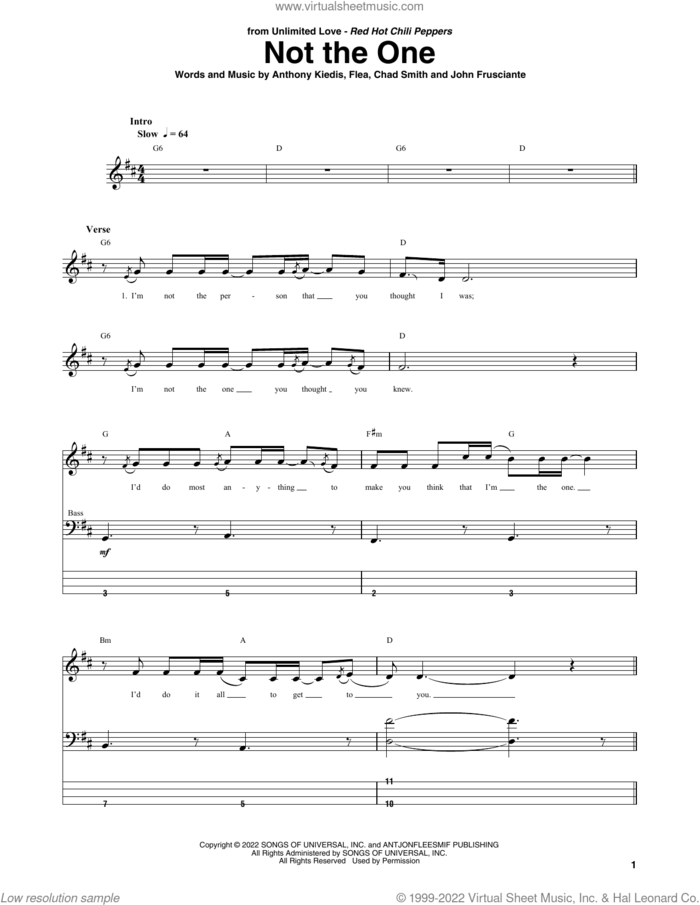 Not The One sheet music for bass (tablature) (bass guitar) by Red Hot Chili Peppers, Anthony Kiedis, Chad Smith, Flea and John Frusciante, intermediate skill level