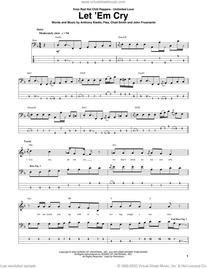 Let 'Em Cry sheet music for bass (tablature) (bass guitar) by Red Hot Chili Peppers, Anthony Kiedis, Chad Smith, Flea and John Frusciante, intermediate skill level