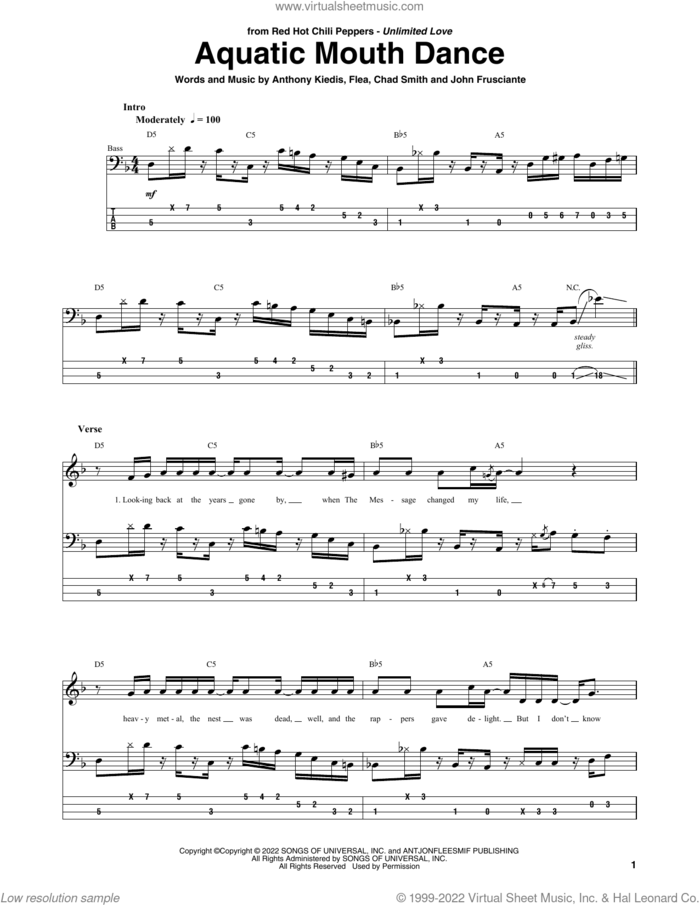 Aquatic Mouth Dance sheet music for bass (tablature) (bass guitar) by Red Hot Chili Peppers, Anthony Kiedis, Chad Smith, Flea and John Frusciante, intermediate skill level