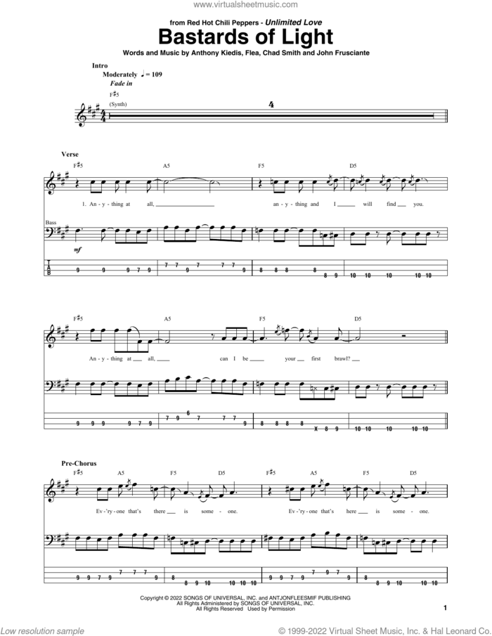 Bastards Of Light sheet music for bass (tablature) (bass guitar) by Red Hot Chili Peppers, Anthony Kiedis, Chad Smith, Flea and John Frusciante, intermediate skill level