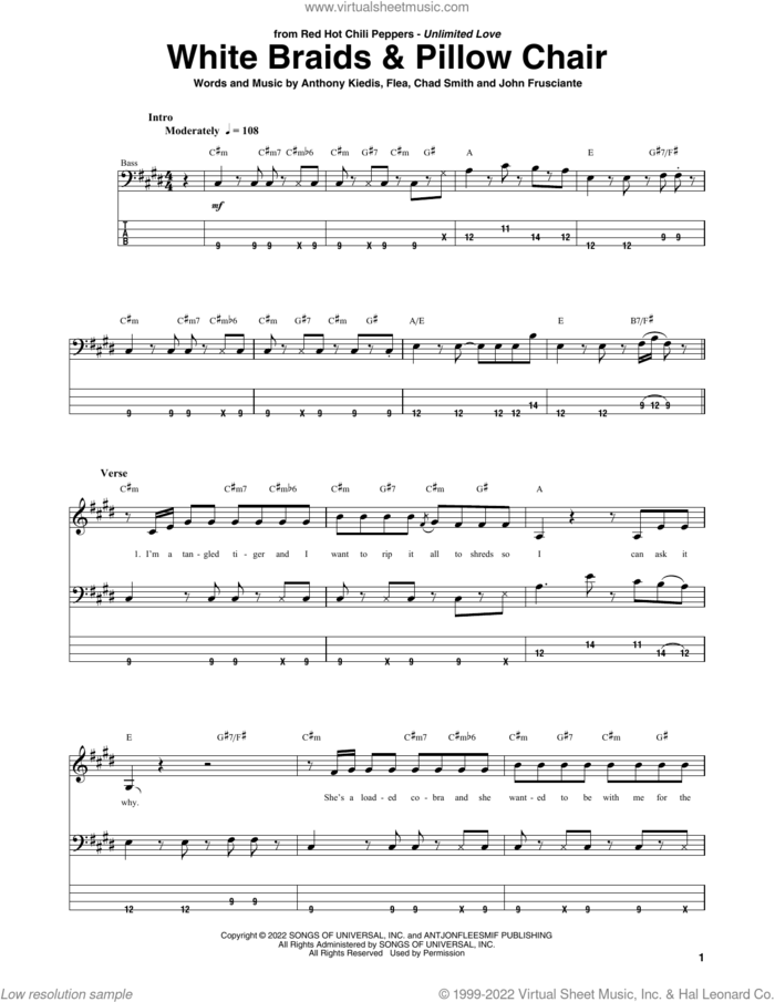 White Braids and Pillow Chair sheet music for bass (tablature) (bass guitar) by Red Hot Chili Peppers, Anthony Kiedis, Chad Smith, Flea and John Frusciante, intermediate skill level