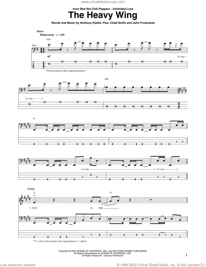 The Heavy Wing sheet music for bass (tablature) (bass guitar) by Red Hot Chili Peppers, Anthony Kiedis, Chad Smith, Flea and John Frusciante, intermediate skill level
