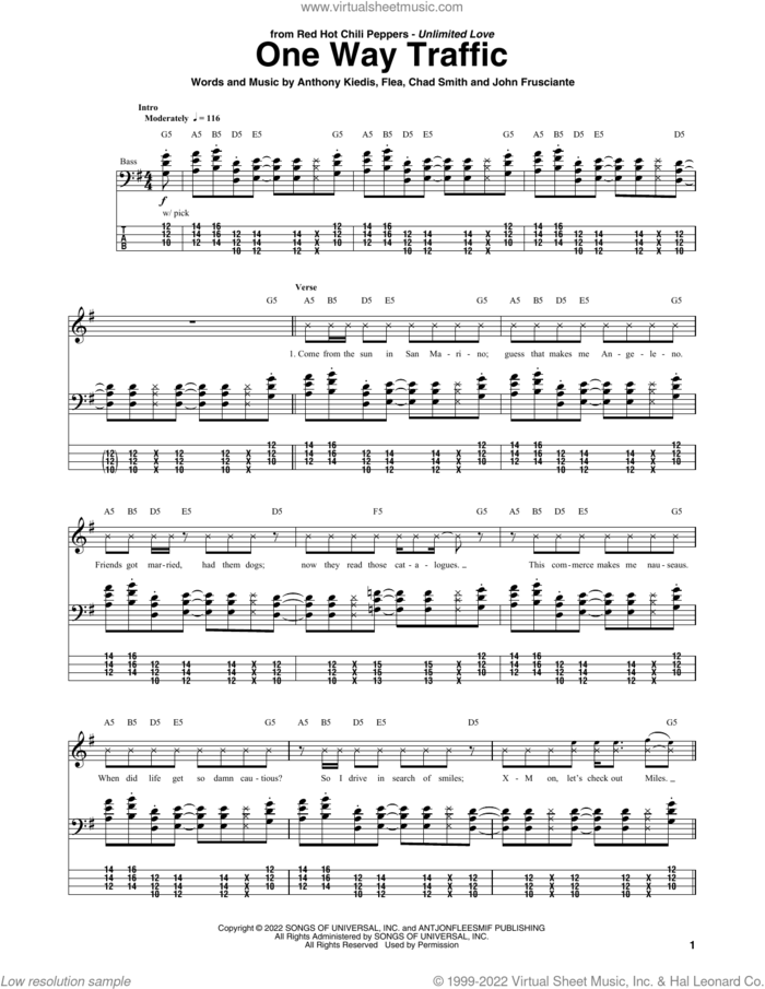 One Way Traffic sheet music for bass (tablature) (bass guitar) by Red Hot Chili Peppers, Anthony Kiedis, Chad Smith, Flea and John Frusciante, intermediate skill level