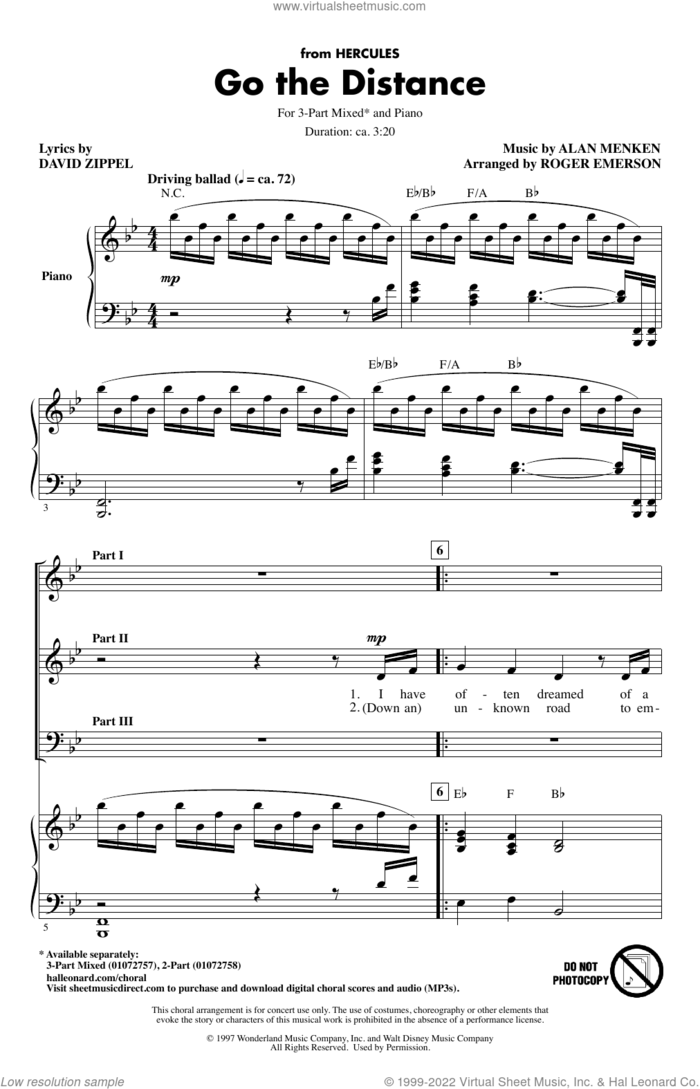Go The Distance (from Hercules) (arr. Roger Emerson) sheet music for choir (3-Part Mixed) by Michael Bolton, Roger Emerson, Alan Menken and David Zippel, intermediate skill level