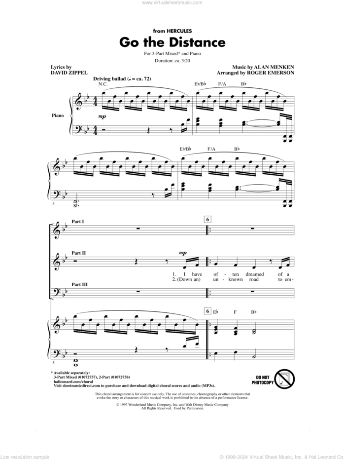 Go The Distance (from Hercules) (arr. Roger Emerson) sheet music for choir (3-Part Mixed) by Michael Bolton, Roger Emerson, Alan Menken and David Zippel, intermediate skill level