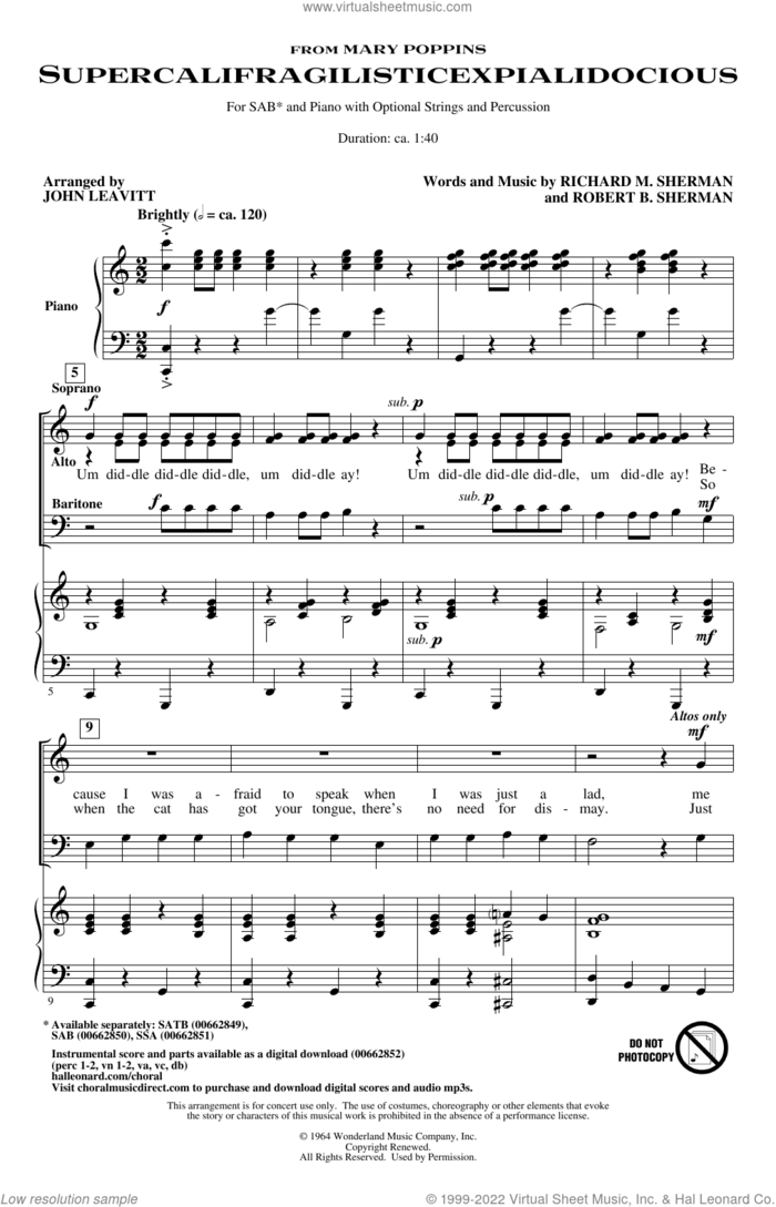 Supercalifragilisticexpialidocious (from Mary Poppins) (arr. John Leavitt) sheet music for choir (SAB: soprano, alto, bass) by Julie Andrews, John Leavitt, Richard M. Sherman and Robert B. Sherman, intermediate skill level
