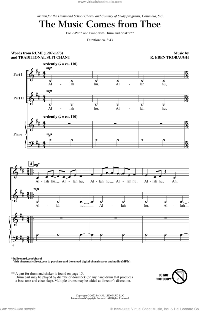 The Music Comes From Thee sheet music for choir (2-Part) by R. Eben Trobaugh and Rumi, intermediate duet
