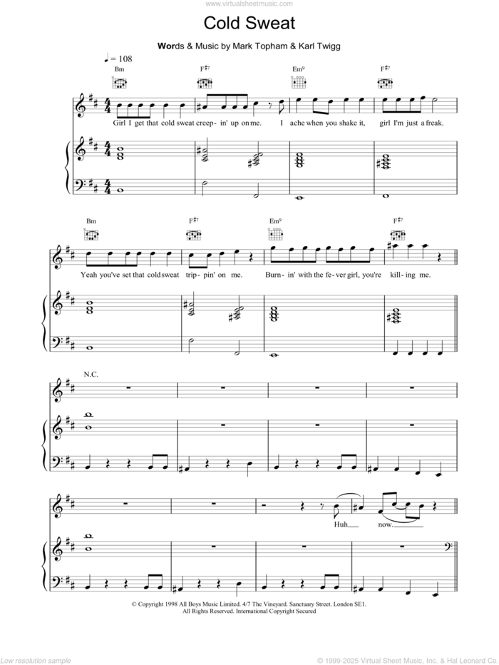 Cold Sweat sheet music for voice, piano or guitar by Ben Folds Five, intermediate skill level