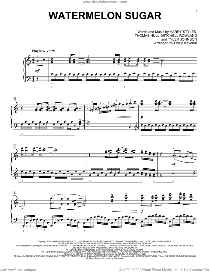 Watermelon Sugar (arr. Phillip Keveren) sheet music for piano solo by Harry Styles, Phillip Keveren, Mitchell Rowland, Tom Hull and Tyler Johnson, intermediate skill level