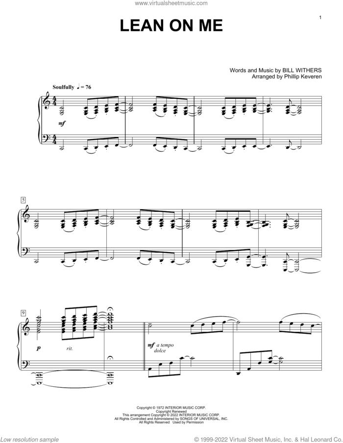 Lean On Me (arr. Phillip Keveren) sheet music for piano solo by Bill Withers and Phillip Keveren, intermediate skill level