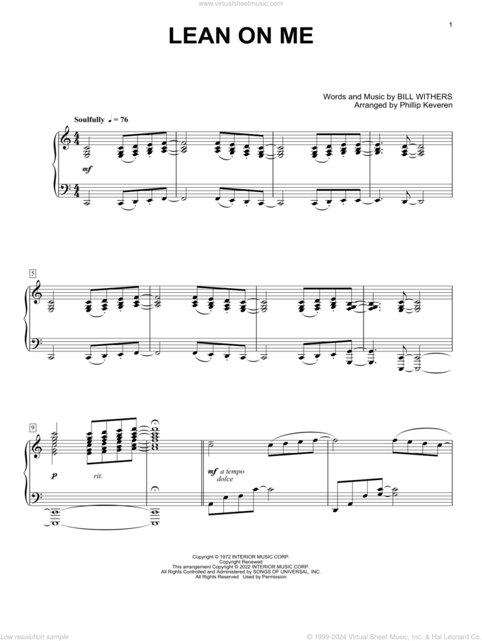 Lean On Me (arr. Phillip Keveren) sheet music for piano solo by Bill Withers and Phillip Keveren, intermediate skill level