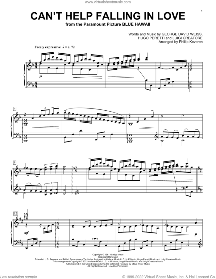 Can't Help Falling In Love (arr. Phillip Keveren) sheet music for piano solo by Elvis Presley, Phillip Keveren, George David Weiss, Hugo Peretti and Luigi Creatore, intermediate skill level
