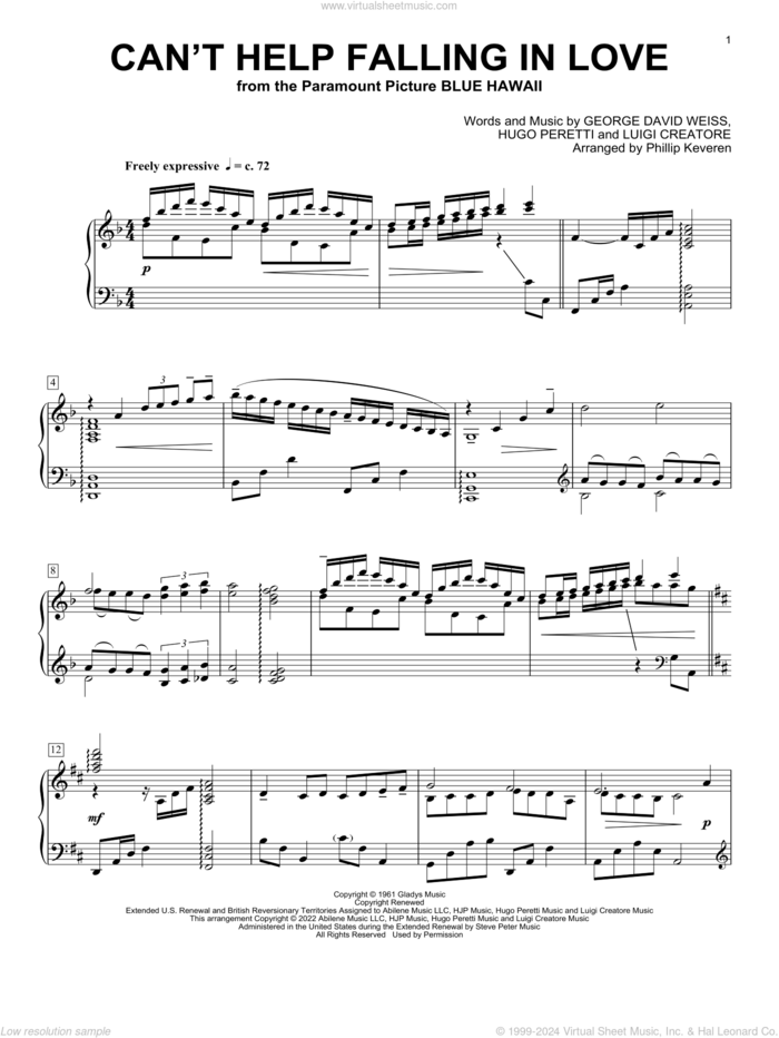 Can't Help Falling In Love (arr. Phillip Keveren) sheet music for piano solo by Elvis Presley, Phillip Keveren, George David Weiss, Hugo Peretti and Luigi Creatore, intermediate skill level