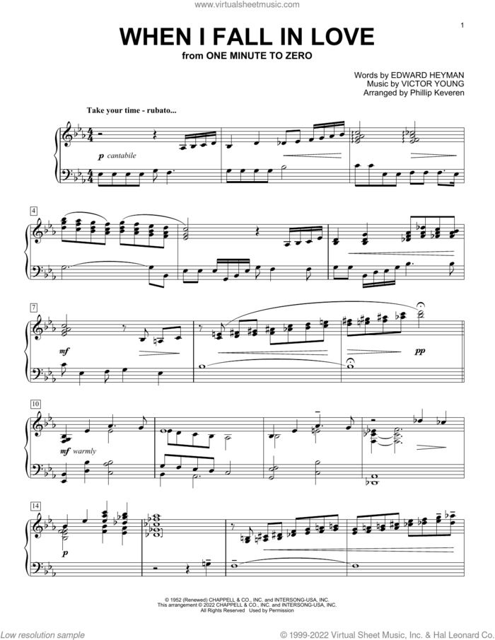 When I Fall In Love (arr. Phillip Keveren) sheet music for piano solo by Victor Young, Phillip Keveren and Edward Heyman, intermediate skill level