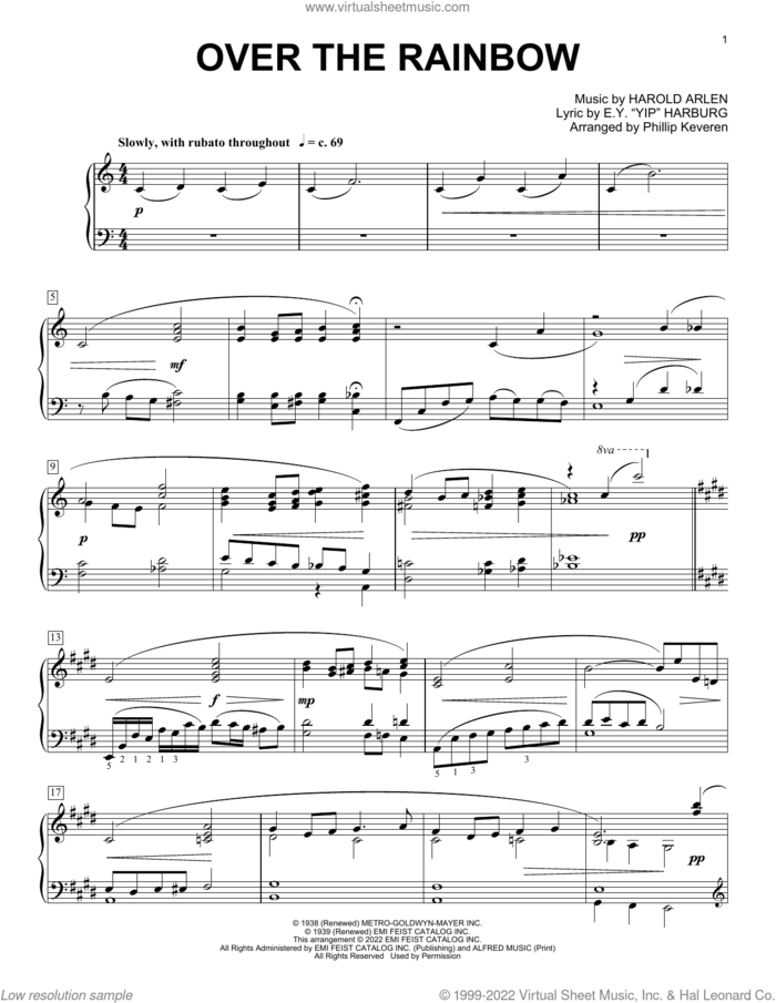 Over The Rainbow (arr. Phillip Keveren) sheet music for piano solo by Judy Garland, Phillip Keveren, E.Y. Harburg and Harold Arlen, intermediate skill level