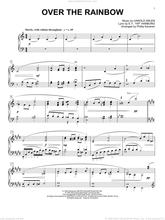 Over The Rainbow (arr. Phillip Keveren) sheet music for piano solo by Judy Garland, Phillip Keveren, E.Y. Harburg and Harold Arlen, intermediate skill level