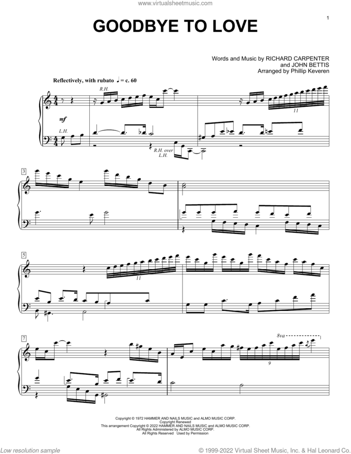 Goodbye To Love (arr. Phillip Keveren), (intermediate) sheet music for piano solo by Richard Carpenter, Phillip Keveren, Carpenters and John Bettis, intermediate skill level