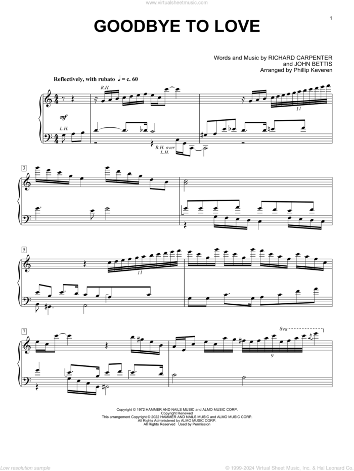 Goodbye To Love (arr. Phillip Keveren), (intermediate) sheet music for piano solo by Richard Carpenter, Phillip Keveren, Carpenters and John Bettis, intermediate skill level