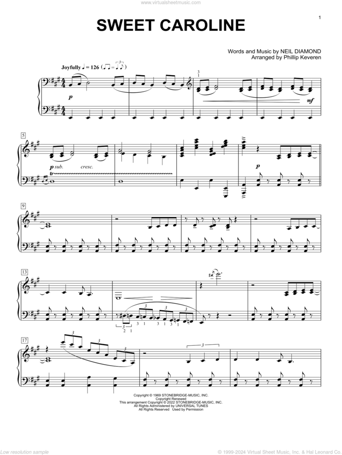 Sweet Caroline (arr. Phillip Keveren) sheet music for piano solo by Neil Diamond and Phillip Keveren, intermediate skill level