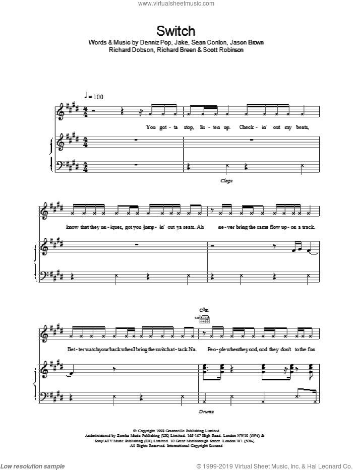 Switch sheet music for voice, piano or guitar by Ben Folds Five, intermediate skill level