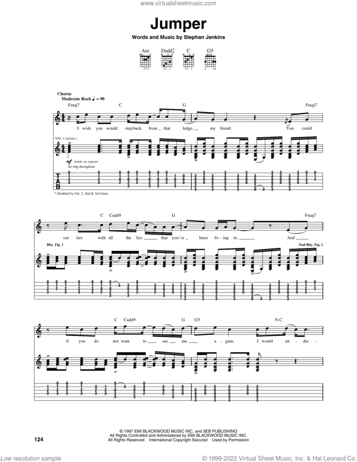 Jumper sheet music for guitar (tablature) by Third Eye Blind and Stephan Jenkins, intermediate skill level