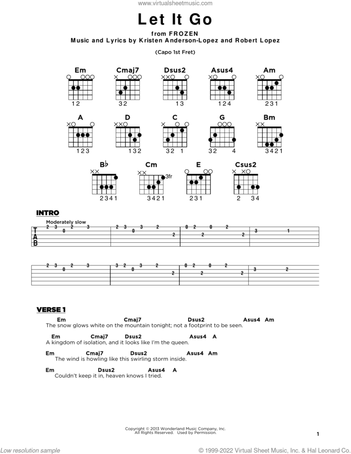 Let It Go (from Frozen), (beginner) sheet music for guitar solo by Idina Menzel, Kristen Anderson-Lopez and Robert Lopez, beginner skill level