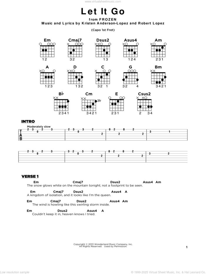 Let It Go (from Frozen), (beginner) sheet music for guitar solo by Idina Menzel, Kristen Anderson-Lopez and Robert Lopez, beginner skill level