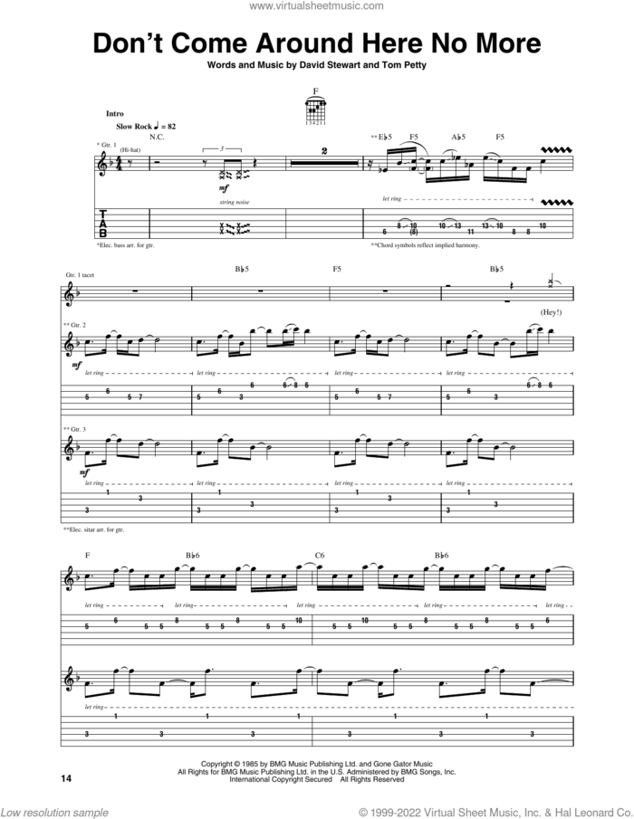 Don't Come Around Here No More sheet music for guitar (tablature) by Tom Petty And The Heartbreakers, Dave Stewart and Tom Petty, intermediate skill level