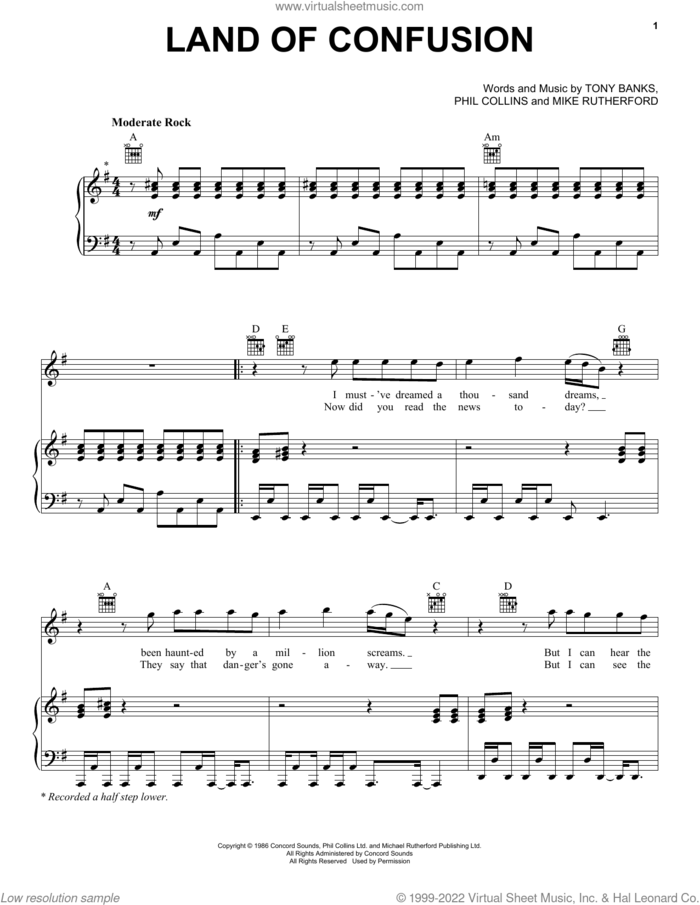 Land Of Confusion sheet music for voice, piano or guitar by Genesis, Mike Rutherford, Phil Collins and Tony Banks, intermediate skill level