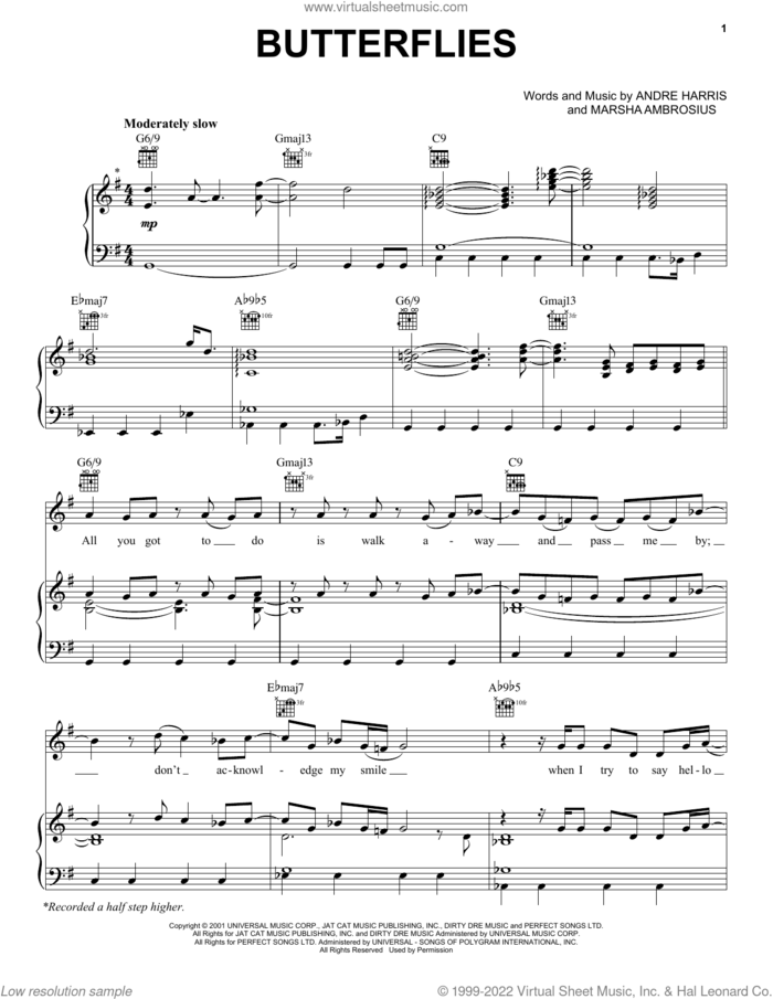 Butterflies sheet music for voice, piano or guitar by Michael Jackson, Andre Harris and Marsha Ambrosius, intermediate skill level