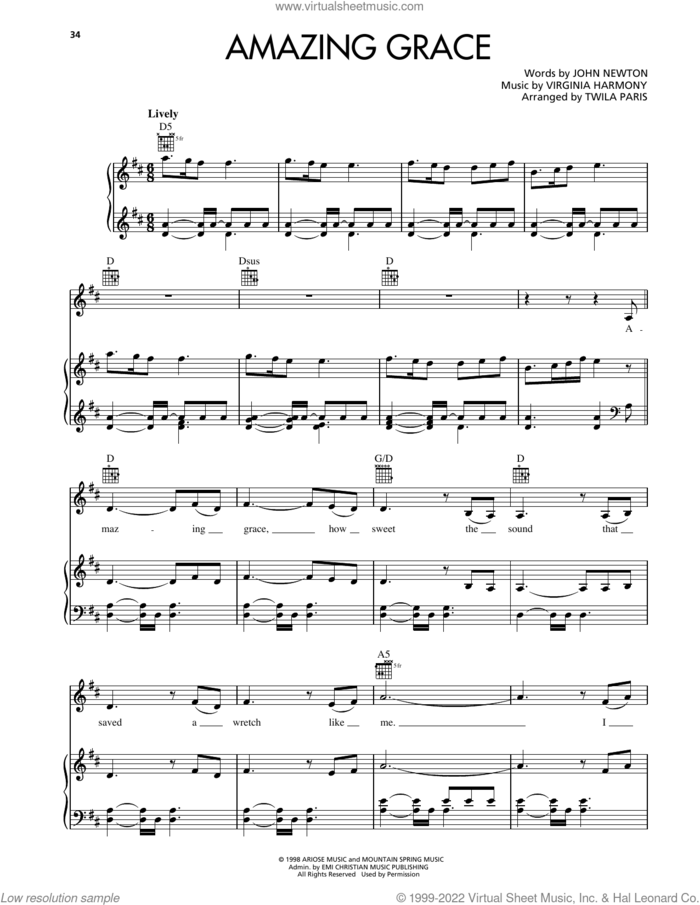 Amazing Grace sheet music for voice, piano or guitar by Twila Paris, John Newton and Miscellaneous, intermediate skill level