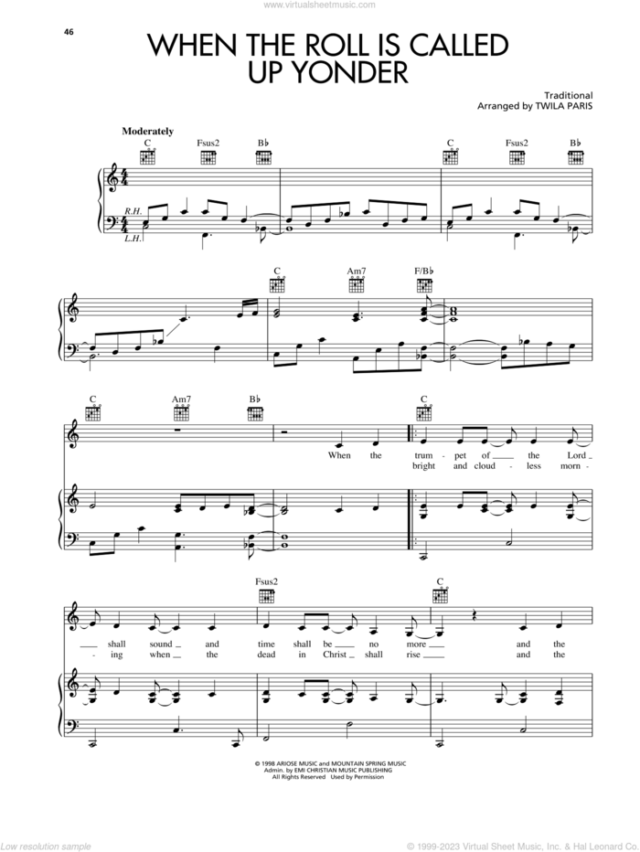 When The Roll Is Called Up Yonder sheet music for voice, piano or guitar by Twila Paris and James M. Black, intermediate skill level