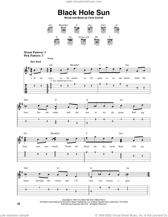 Black Hole Sun sheet music for guitar solo (easy tablature) by Soundgarden and Chris Cornell, easy guitar (easy tablature)