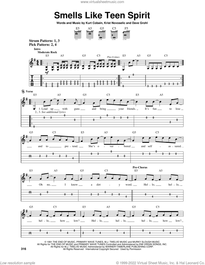 Smells Like Teen Spirit sheet music for guitar solo (easy tablature) by Nirvana, Dave Grohl, Krist Novoselic and Kurt Cobain, easy guitar (easy tablature)