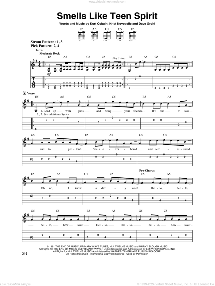 Smells Like Teen Spirit sheet music for guitar solo (easy tablature) by Nirvana, Dave Grohl, Krist Novoselic and Kurt Cobain, easy guitar (easy tablature)