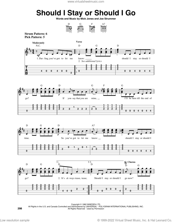Should I Stay Or Should I Go sheet music for guitar solo (easy tablature) by The Clash, Joe Strummer and Mick Jones, easy guitar (easy tablature)