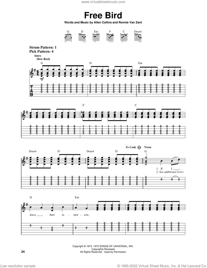 Free Bird sheet music for guitar solo (easy tablature) by Lynyrd Skynyrd, Allen Collins and Ronnie Van Zant, easy guitar (easy tablature)