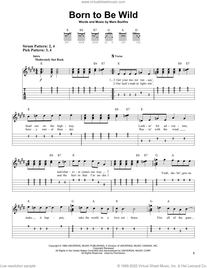 Born To Be Wild sheet music for guitar solo (easy tablature) by Steppenwolf and Mars Bonfire, easy guitar (easy tablature)