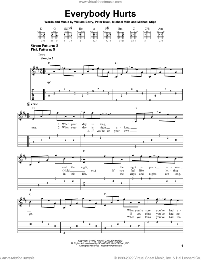 Everybody Hurts sheet music for guitar solo (easy tablature) by R.E.M., Michael Stipe, Mike Mills, Peter Buck and William Berry, easy guitar (easy tablature)