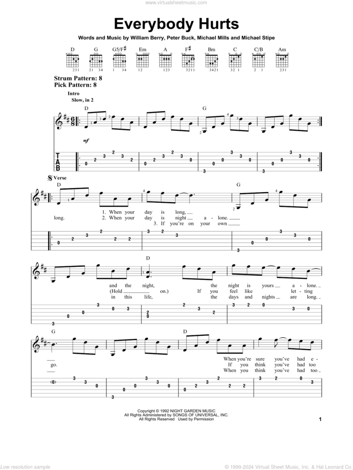 Everybody Hurts sheet music for guitar solo (easy tablature) by R.E.M., Michael Stipe, Mike Mills, Peter Buck and William Berry, easy guitar (easy tablature)