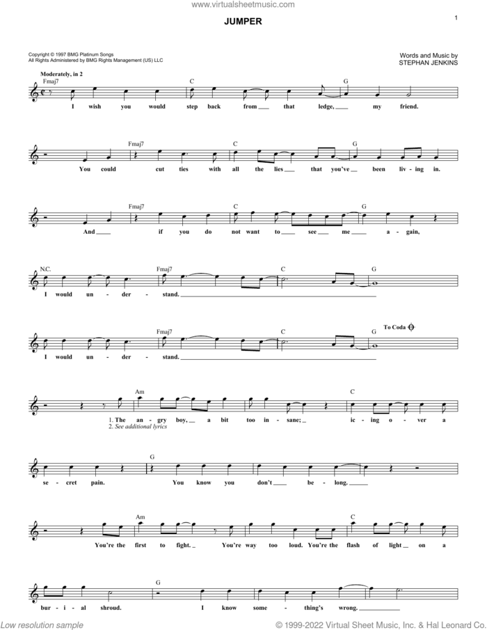 Jumper sheet music for voice and other instruments (fake book) by Third Eye Blind and Stephan Jenkins, intermediate skill level