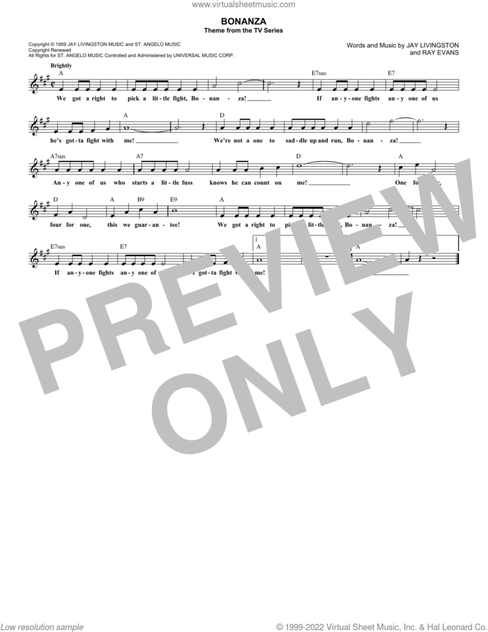 Bonanza sheet music for voice and other instruments (fake book) by Jay Livingston and Ray Evans, intermediate skill level