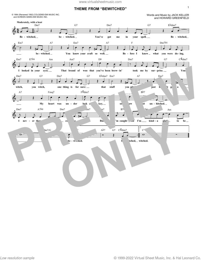 Theme From 'Bewitched' sheet music for voice and other instruments (fake book) by Howard Greenfield and Jack Keller, intermediate skill level