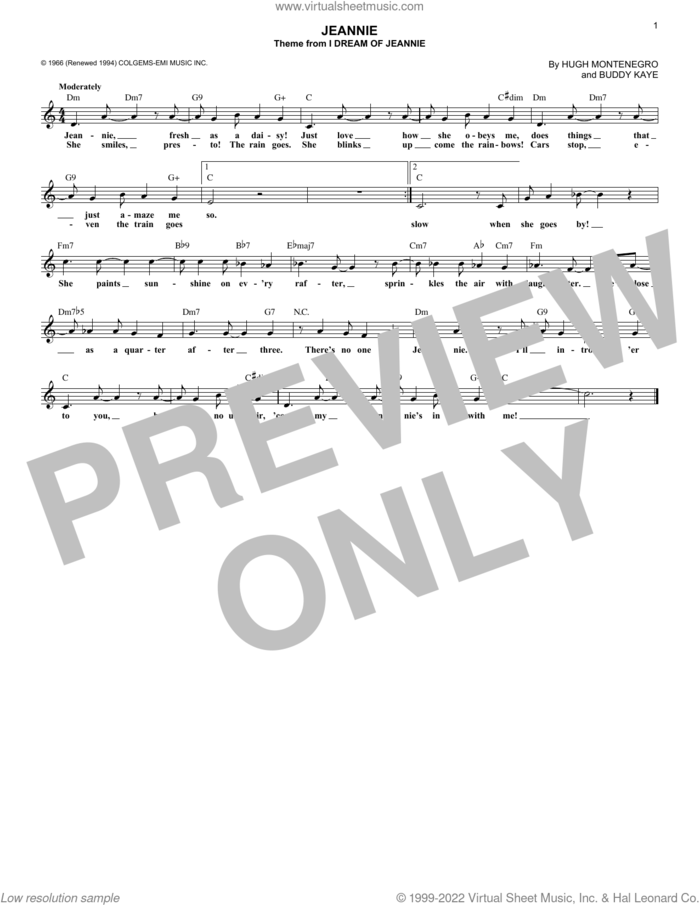 Jeannie (from I Dream Of Jeannie) sheet music for voice and other instruments (fake book) by Buddy Kaye and Hugh Montenegro, intermediate skill level