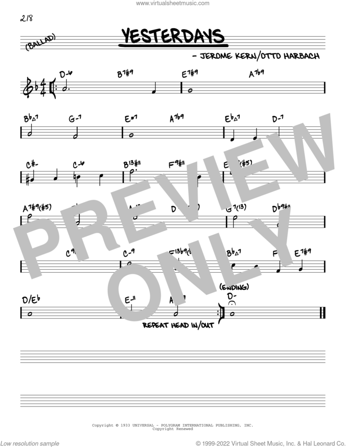 Yesterdays (arr. David Hazeltine) sheet music for voice and other instruments (real book) by Jerome Kern, David Hazeltine and Otto Harbach, intermediate skill level