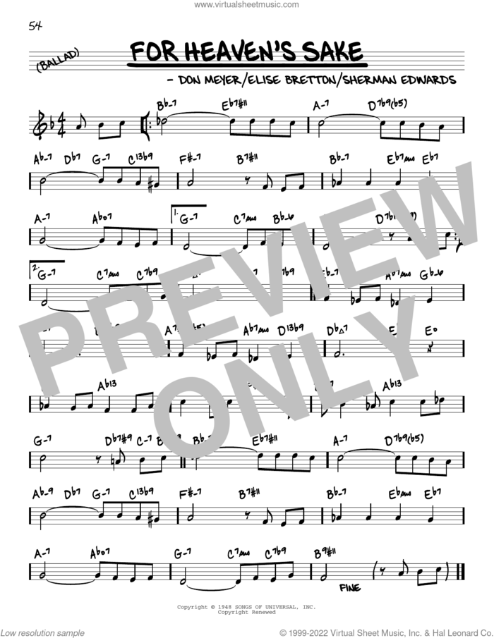 For Heaven's Sake (arr. David Hazeltine) sheet music for voice and other instruments (real book) by Claude Thornhill, David Hazeltine, Don Meyer, Elise Bretton and Sherman Edwards, intermediate skill level