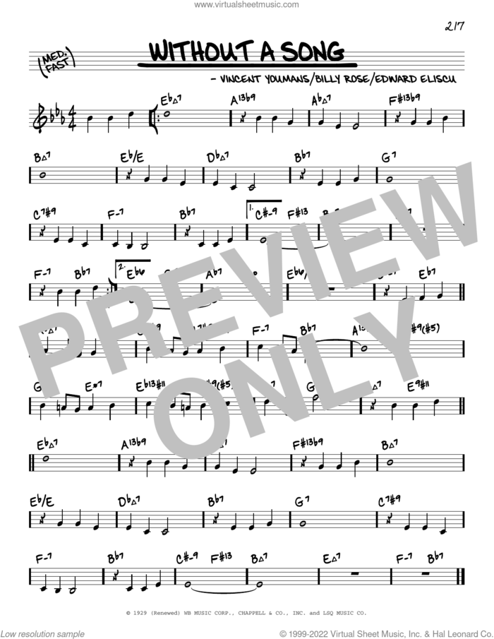 Without A Song (arr. David Hazeltine) sheet music for voice and other instruments (real book) by Vincent Youmans, David Hazeltine, Billy Rose and Edward Eliscu, intermediate skill level