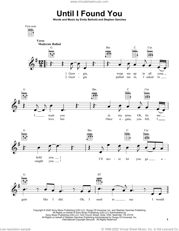 Until I Found You sheet music for ukulele by Stephen Sanchez and Emily Beihold, intermediate skill level