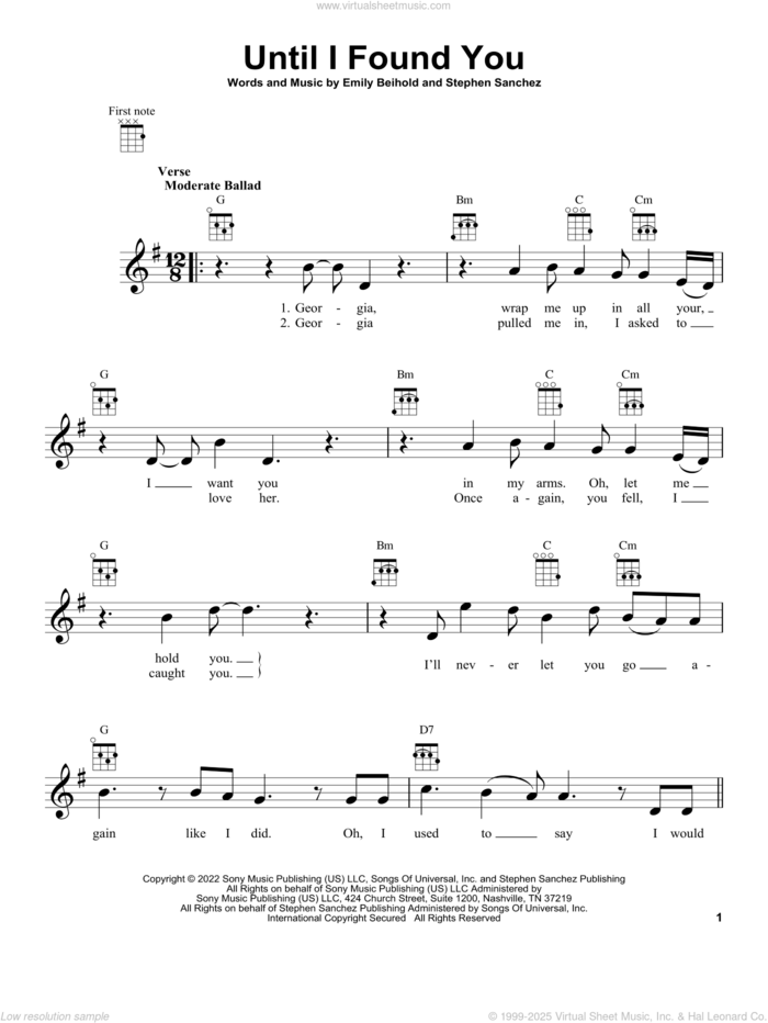 Until I Found You sheet music for ukulele by Stephen Sanchez and Emily Beihold, intermediate skill level